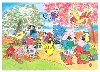 &gt;_&lt; 1998 :q absurdres apple ash_ketchum basket bulbasaur butterfree canteen caterpie chansey charmander chestnut clefairy cubone cup dated ditto dragonite eating flower food fruit fukuyama_keiko gen_1_pokemon grapes happy highres holding holding_food holding_spoon jigglypuff kadabra log mankey mouth_hold mushroom nintendo official_art onigiri outdoors paras parasect path picnic picnic_blanket pidgeotto pikachu pokemon pokemon_(anime) pokemon_(classic_anime) pokemon_(creature) raichu rhydon road slowpoke snorlax spill spoon squirtle tangela tearing_up third-party_source tongue tongue_out tree vulpix