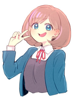 1girl blue_eyes blue_jacket brown_hair commentary_request cropped_torso highres jacket love_live! love_live!_superstar!! open_mouth raised_eyebrows school_uniform smile solo tang_keke ukokkei upper_body v yuigaoka_school_uniform