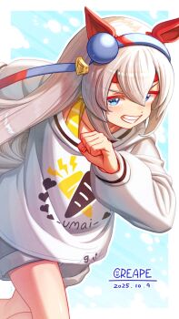 Rule 34 | 1girl, animal ears, blue eyes, blue hairband, blush, carrot print, commentary request, creape, ear covers, food print, grey hair, grey shorts, grin, hair between eyes, hairband, headband, heart, heart print, highres, horse ears, horse girl, long hair, long sleeves, multicolored hairband, open mouth, red headband, shirt, shorts, smile, solo, striped clothes, striped hairband, sweater, tamamo cross (casual) (umamusume), tamamo cross (umamusume), teeth, two-tone hairband, umamusume, white shirt, white sweater