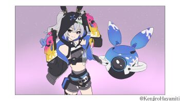 1girl animal_hood black_jacket black_shorts border breasts bronya_zaychik bronya_zaychik_(haxxor_bunny) commentary_request crop_top drill_hair drone grey_eyes grey_hair highres holding holding_weapon honkai_(series) honkai_impact_3rd hood jacket kenjirohayamiti medium_hair paint_gun rabbit_hood shorts simple_background small_breasts smile solo twin_drills twitter_username weapon white_border