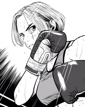 1girl boxing boxing_gloves boxing_ring breasts commentary_request flying_sweatdrops greyscale hair_behind_ear hatching_(texture) highres lee_(dragon_garou) light_rays medium_breasts midriff monochrome original short_hair solo sports_bra sweat toned toned_female upper_body very_sweaty