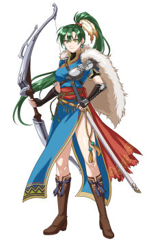 1girl absurdres aqua_eyes armor belt boots bow_(weapon) breasts brown_boots cape closed_mouth commentary_request earrings elbow_gloves feather_hair_ornament feathers fingerless_gloves fire_emblem fire_emblem:_the_blazing_blade fire_emblem_heroes full_body fur_trim gloves green_hair hair_ornament hazuki_(nyorosuke) high_ponytail highres holding holding_bow_(weapon) holding_sword holding_weapon jewelry knee_boots long_hair looking_at_viewer lyn_(fire_emblem) lyn_(lady_of_the_wind)_(fire_emblem) medium_breasts nintendo ponytail sheath sheathed short_sleeves side_slit simple_background smile solo standing sword weapon white_background