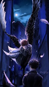 Rule 34 | 2boys, alley, black coat, black hair, black wings, coat, dark, demon horns, falling feathers, feathered wings, feathers, floating, flying, full body, hand on own face, hashtag-only commentary, highres, horns, kim dokja, looking at another, multiple boys, night, official alternate costume, omniscient reader's viewpoint, open clothes, open coat, popped collar, short hair, wei inn, wings, yoo joonghyuk