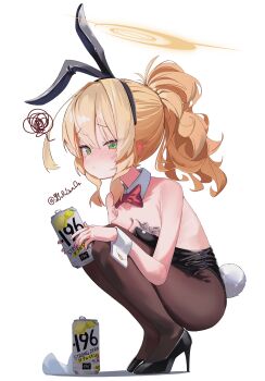 1girl absurdres alternate_costume alternate_hairstyle animal_ear_hairband animal_ears artist_name bare_back bare_shoulders beer_can black_hairband black_leotard black_pantyhose black_shoes black_shorts blonde_hair blue_archive blush bow bowtie breasts can closed_mouth collarbone commentary detached_collar dorusan_02 drink_can ear_blush embarrassed fake_animal_ears fake_tail fingernails from_side full_body furrowed_brow green_eyes hairband halo high_heels highleg highleg_leotard highres holding holding_can knees_up leotard loli long_hair looking_at_viewer money nail_polish nose_blush pantyhose pink_nails playboy_bunny ponytail professor_niyaniya_(blue_archive) rabbit_ear_hairband rabbit_ears rabbit_tail red_bow red_bowtie shoes shorts signature simple_background small_breasts solo squatting squiggle strapless strapless_leotard strong_zero tail thighs tucked_money very_long_hair wavy_hair white_background wrist_cuffs yellow_halo