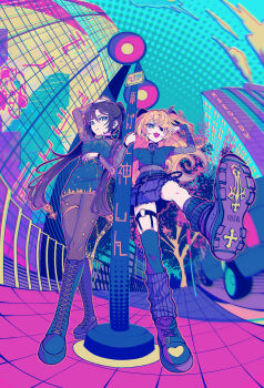 2girls :d absurdres aqua_thighhighs arm_up artist_name asymmetrical_legwear belt black_hair black_nails blonde_hair blue_belt blue_boots blue_dress blue_shirt blue_sky blush boots building car character_name detached_sleeves dress eyepatch fischl_(genshin_impact) fisheye from_below full_body genshin_impact green_eyes hair_between_eyes hair_over_one_eye heart heart_print highres jewelry knee_boots lace-up_boots lamppost layered_skirt layered_sleeves leg_warmers legwear_garter long_hair long_sleeves loose_socks maegjuw mona_(genshin_impact) motor_vehicle multiple_girls nail_polish neon_palette open_mouth outdoors pantyhose parted_lips purple_skirt shirt shoes short_over_long_sleeves short_sleeves single_thighhigh skirt sky smile socks standing standing_on_one_leg thighhighs thighlet tree twintails uneven_legwear very_long_hair