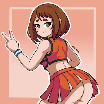 alx_draws artist_name ass bare_shoulders blush_stickers boku_no_hero_academia brown_hair cheerleader crop_top looking_at_viewer looking_back miniskirt no_panties short_hair skirt sleeveless smile twitter_username uraraka_ochako v