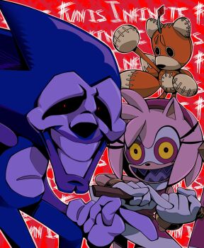 amy_rose dress fangs gloves grin highres majin_sonic medium_hair petite scary_eyes scary_face sega smile sonic_(series) sonic_cd sonic_r sonic_the_hedgehog sonic_the_hedgehog_(classic) sonic_x spiked_hair stuffed_animal stuffed_toy tails_doll tiolimond tms_entertainment