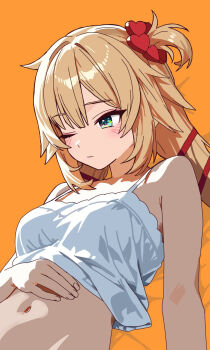 1girl akai_haato alternate_costume blonde_hair breasts camisole closed_mouth dr._junyaman green_eyes hair_ornament hair_ribbon heart heart_hair_ornament highres hololive long_hair looking_at_viewer low_twintails medium_breasts navel one_eye_closed one_side_up orange_background red_ribbon ribbon solo twintails very_long_hair virtual_youtuber white_camisole