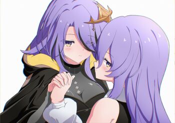 2girls black_hair breasts closed_mouth hair_ornament hair_over_one_eye highres hololive hololive_indonesia interlocked_fingers kaiyen long_hair moona_hoshinova multicolored_eyes multicolored_hair multiple_girls purple_eyes purple_hair see-through_cleavage see-through_clothes streaked_hair two-tone_eyes virtual_youtuber yellow_eyes