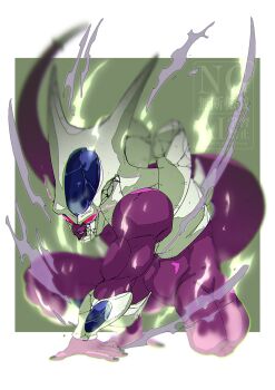 1boy blurry blurry_background colored_skin cooler dragon_ball dragonball_z dust full_body glowing glowing_eyes green_background highres powering_up purple_skin purple_tail simple_background solo stktik09060906