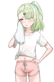 1girl alternate_costume blush collarbone commentary_request cowboy_shot green_eyes green_hair hair_ornament hand_on_own_hip heart heart_hair_ornament highres holding holding_towel looking_to_the_side navel nullkurage open_mouth pink_shorts ponytail shirt shorts simple_background solo sunna_(zenless_zone_zero) sweat t-shirt tied_shirt towel white_background white_shirt wiping_face zenless_zone_zero