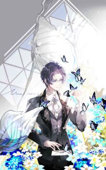 1boy absurdres artist_name black_pants blue_butterfly blue_eyes blue_flower blue_hair book brooch bug butterfly butterfly_on_hand chinese_commentary clarence_clayden closed_mouth collared_shirt cornflower cowboy_shot curtained_hair dated field flower flower_field formal_clothes glasses grey_background grey_jacket grey_vest highres insect jacket jewelry lapel_pin lapels letter long_sleeves looking_at_animal lovebrush_chronicles male_focus mole mole_under_eye necktie nnnnnova notched_lapels open_book open_clothes open_jacket pants parted_bangs plaid_clothes plaid_lapels procreate_(medium) seashell shell shirt short_hair sitting smile solo suit suit_jacket sunlight triangle_background vest white_flower white_necktie white_shirt