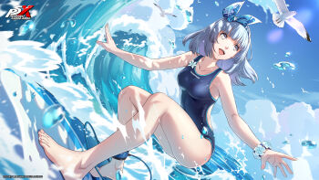 1girl :d absurdres bare_shoulders bird blue_flower blue_hair blue_hairband blue_one-piece_swimsuit blue_sky blunt_bangs bow_hairband bracelet breasts clothing_cutout cloud cloudy_sky competition_swimsuit copyright_logo copyright_notice day dutch_angle fingernails floating_hair flower full_body hairband highres jewelry logo medium_breasts medium_hair official_art one-piece_swimsuit open_mouth outdoors outstretched_arms persona persona_5 persona_5:_the_phantom_x sawara_miyu seagull side_cutout sky smile solo surfboard surfing swimsuit teeth upper_teeth_only water waves werkbau white_eyes
