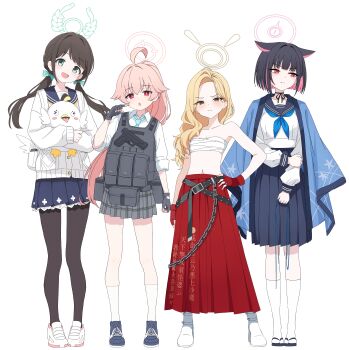 4girls absurdres after-school_sweets_club_(blue_archive) ahoge airi_(blue_archive) akemi_(blue_archive) akemi_(blue_archive)_(cosplay) alternate_hairstyle animal_ears aqua_necktie black_gloves black_hair black_pantyhose blonde_hair blue_archive blue_haori blue_neckerchief blue_skirt bulletproof_vest cardigan cat_ears cat_girl chest_sarashi colored_inner_animal_ears colored_inner_hair cosplay crossed_belts delinquent extra_ears fingerless_gloves flat_chest frilled_skirt frills gloves green_halo green_ribbon grey_skirt gun hair_ribbon halo handgun haori hifumi_(blue_archive) hifumi_(blue_archive)_(cosplay) highres hoshino_(armed)_(blue_archive) hoshino_(blue_archive) hoshino_(blue_archive)_(cosplay) japanese_clothes kazusa_(blue_archive) kikyou_(blue_archive) kikyou_(blue_archive)_(cosplay) long_hair long_skirt long_sleeves low_twintails miniskirt multicolored_hair multiple_girls nakaoka_ramu natsu_(blue_archive) navel neckerchief necktie pantyhose peroro_(blue_archive) pink_eyes pink_hair pink_halo plaid_clothes plaid_skirt ponytail red_eyes red_gloves red_skirt ribbon sailor_collar sarashi school_uniform serafuku short_hair skirt socks stuffed_animal stuffed_bird stuffed_toy sukeban tactical_school_uniform twintails two-tone_hair very_long_hair weapon white_cardigan white_socks yellow_eyes yellow_halo yoshimi_(blue_archive)