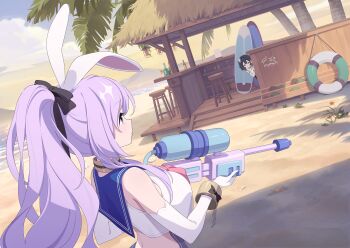 2girls amber_(stella_sora) beach black_hair blue_sailor_collar breasts elbow_gloves game_cg glass_bottle gloves grey_eyes highres holding holding_water_gun large_breasts long_hair multiple_girls neckerchief non-web_source official_art outdoors pink_neckerchief ponytail purple_hair sailor_collar sailor_shirt shack shia_(stella_sora) shirt sidelocks sleeveless sleeveless_shirt stella_sora surfboard very_long_hair water_gun white_gloves white_shirt yellow_eyes