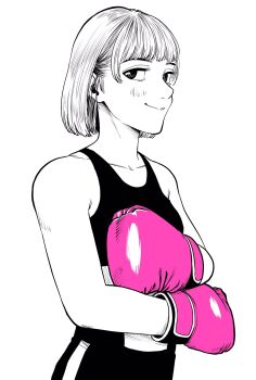 1girl boxing_gloves breasts collarbone commentary_request gloves hair_behind_ear hatching_(texture) highres lee_(dragon_garou) light_blush midriff monochrome original pink_gloves profile small_breasts smile solo sports_bra spot_color upper_body