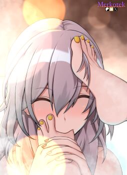 2girls bad_tag cipher_(honkai:_star_rail) feet foot_worship grey_hair happy highres honkai:_star_rail honkai_(series) licking_foot merkotek multiple_girls stelle_(honkai:_star_rail) toes trailblazer_(honkai:_star_rail) yellow_nails yuri