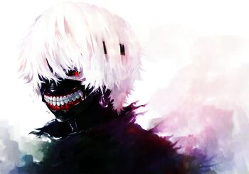 Rule 34 | 1boy, absurdres, black jacket, black sclera, colored sclera, commentary request, covered mouth, eyepatch, highres, jacket, kaneki ken, male focus, mask, mouth mask, namako mikan, one eye covered, painting (medium), portrait, red eyes, short hair, solo, tokyo ghoul, traditional media, watercolor (medium), white background, white hair, zipper, zipper pull tab
