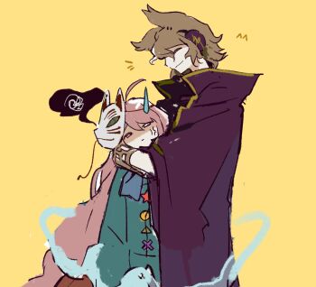 2girls ^^^ ahoge anger_vein arms_at_sides blue_ribbon blue_shirt bracelet brown_hair buttons cape closed_eyes cowboy_shot earmuffs expressionless forced_hug fox_mask from_side gold_trim hata_no_kokoro height_difference highres jewelry long_hair looking_at_viewer mask mask_on_head multiple_girls perro090119 pink_hair pointy_hair purple_cape ribbon shaded_face shapes shirt short_hair simple_background smile spoken_squiggle squiggle squinting sweatdrop touhou toyosatomimi_no_miko very_long_hair yellow_background