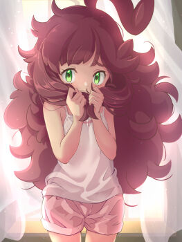 Rule 34 | 1girl, bedroom, blush, chloe (pokemon), covering face, cowboy shot, curtains, embarrassed, female focus, green eyes, hair down, highres, long hair, looking at viewer, messy hair, nintendo, pajamas, pink shorts, pokemon, pokemon (anime), pokemon journeys, sakuragi yuuki, shirt, shorts, solo, sunlight, white shirt