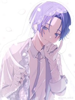 1boy blue_eyes collared_shirt commentary falling_petals forehead hands_up head_tilt highres kaito_(vocaloid) looking_at_viewer male_focus mone_sekai petals purple_hair shirt short_hair simple_background smile solo teeth twitter_username untranslatable_commentary vocaloid white_background white_shirt