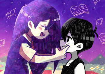 Rule 34 | :d, ^ ^, absurdres, antenna hair, artist name, bare shoulders, black hair, black tank top, blush, brother and sister, closed eyes, collarbone, collared shirt, colored skin, commentary, english commentary, face-to-face, facing another, finger to another's cheek, fingersmile, from side, grass, grin, hair behind ear, hatching (texture), highres, light particles, looking at another, mari (headspace) (omori), mari (omori), omori, omori (omori), open mouth, outdoors, picnic blanket, profile, purple hair, purple sky, purple sweater vest, shirt, short hair, short sleeves, siblings, sideways mouth, sky, smile, sweater vest, tank top, teeth, tongue, upper body, upper teeth only, watawata22, white shirt, white skin