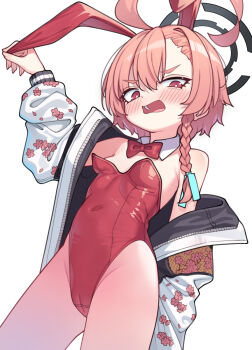 1girl :o ahoge animal_ear_hairband animal_ears asymmetrical_bangs bare_legs bare_shoulders blue_archive blush bow bowtie braid breasts bright_pupils cameltoe detached_collar fake_animal_ears from_below hairband halo highleg highleg_leotard highres huge_ahoge isinose_(ilxodidli) jacket jacket_on_shoulders leotard loli looking_at_viewer neru_(blue_archive) official_alternate_costume orange_hair oversized_breast_cup playboy_bunny rabbit_ear_hairband rabbit_ears red_bow red_bowtie red_leotard short_hair simple_background single_braid small_breasts solo strapless strapless_leotard sukajan v-shaped_eyebrows white_background white_pupils