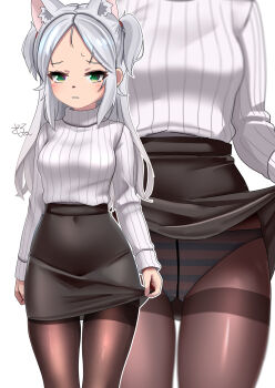 1girl animal_ear_fluff animal_ears azur_lane black_pantyhose black_skirt blue_panties blush breasts clothes_lift cosplay covered_navel dedorudy gluteal_fold green_eyes highres long_hair long_sleeves looking_at_viewer panties panties_under_pantyhose pantyhose parted_bangs parted_lips pencil_skirt signature simple_background sims_(azur_lane) skirt skirt_lift small_breasts solo striped_clothes striped_panties sweater takao_(azur_lane) takao_(azur_lane)_(cosplay) takao_(inner_cultivation)_(azur_lane) turtleneck turtleneck_sweater two-tone_panties two_side_up underwear white_background white_hair white_panties white_sweater zoom_layer