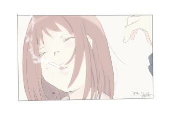 1girl absurdres cigarette dated flcl highres medium_hair red_hair samejima_mamimi smoking solo taisos white_background