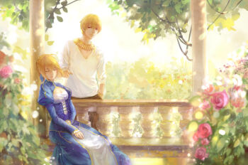 1boy 1girl achyue ahoge artoria_pendragon_(fate) blonde_hair bracelet breasts cleavage closed_eyes closed_mouth fate/zero fate_(series) flower gilgamesh_(casual_wear)_(fate/zero) gilgamesh_(fate) jewelry necklace official_alternate_costume railing red_eyes revision rose rose_bush saber_(fate) shirt sitting sleeping standing white_shirt