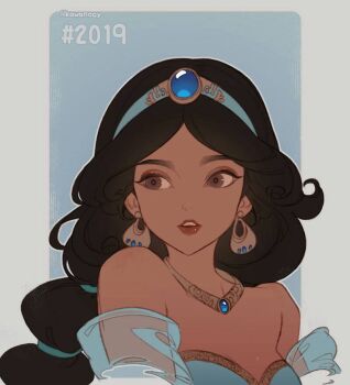 1girl aladdin_(movie) animification arabian_clothes bare_shoulders black_hair brown_eyes commentary dark-skinned_female dark_skin duplicate earrings english_commentary jasmine_(disney) jewelry kawacy long_hair looking_at_viewer necklace off_shoulder shirt smile solo very_long_hair