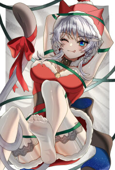 animal_ears arms_up blue_eyes blush braid cat_ears cat_girl cat_tail cipher_(honkai:_star_rail) closed_mouth commentary_request dress fur-trimmed_dress fur-trimmed_headwear fur_trim garter_straps green_ribbon grey_hair hair_between_eyes hat highres honkai:_star_rail honkai_(series) looking_at_viewer lying oekakidekinai1 on_back one_eye_closed red_dress red_hat red_ribbon ribbon short_hair side_braid smile tail thighhighs tongue tongue_out white_thighhighs