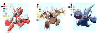 blue_background bug claws gen_1_pokemon gen_2_pokemon heracross horns insect_wings mega_evolution mega_pokemon monster nintendo no_humans pinsir pokemon pokemon_(creature) scizor sharp_teeth simple_background teeth wings