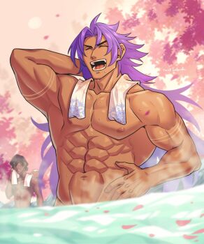 2boys abs arjuna_(fate) bara bhima_(fate) brown_hair closed_eyes commentary_request completely_nude dark_skin falling_leaves fate/grand_order fate_(series) highres japanese_macaque leaf male_focus monkey multiple_boys muscular muscular_male navel nipples nude onsen open_mouth pectorals purple_hair smile steam sweat towel towel_around_neck twitter_username wet yaekaidou