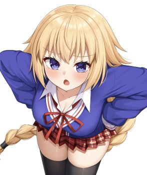 1girl black_thighhighs blonde_hair blue_eyes blue_sweater blush braid braided_ponytail breasts cleavage collared_shirt commentary_request fate/grand_order fate_(series) hands_on_own_hips highres hoshino_reiji jeanne_d'arc_(fate) large_breasts long_hair long_sleeves looking_at_viewer neck_ribbon open_mouth red_skirt ribbon shirt skirt solo sweater thighhighs very_long_hair white_shirt