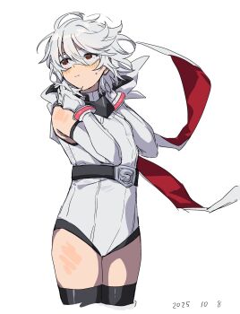 Rule 34 | 1girl, 2025, bare shoulders, belt, black belt, bracelet, elbow gloves, eye mask, gloves, heart-shift bracelets, highres, hooded leotard, jewelry, leotard, mask, red eyes, scarf, short hair, shy (character), shy (series), simple background, sleeveless, sweat, sweatdrop, takatisakana, white background, white gloves, white hair, white leotard