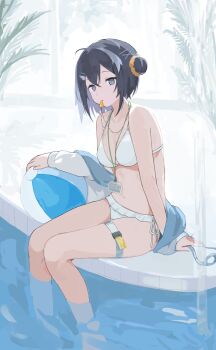 1girl arknights ball bare_shoulders beachball bikini black_hair blowing_whistle breasts commentary_request goggles grey_eyes hair_bun hair_ornament highres holding holding_goggles id_card jacket jacket_over_swimsuit la_pluma_(arknights) la_pluma_(summer_flowers)_(arknights) lanyard looking_at_viewer navel onigiri_noe partial_commentary poolside single_side_bun sitting solo stomach swimsuit thigh_strap whistle whistle_around_neck white_bikini wing_hair_ornament