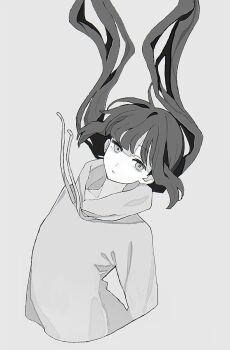 Rule 34 | 1girl, arched back, commentary request, cropped torso, drawstring, expressionless, floating hair, greyscale, hair floating upwards, highres, hood, hood down, hoodie, inabakumori, long sleeves, looking at viewer, low twintails, monochrome, osage (nukunuku nigirimeshi), simple background, solo, torishima (oshiritorishima), twintails, upper body