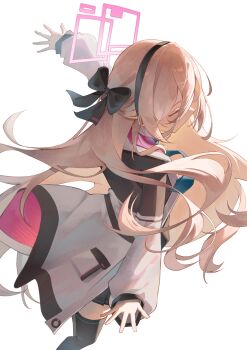 1girl absurdres black_bow black_hairband black_skirt black_thighhighs blonde_hair blue_archive blue_necktie bow closed_eyes commentary feet_out_of_frame from_side hair_bow hairband halo highres jacket kei_(blue_archive) long_hair long_sleeves miku_rasha necktie open_clothes open_jacket outstretched_arms pink_halo pleated_skirt rectangular_halo simple_background skirt solo standing striped_clothes striped_skirt striped_thighhighs thighhighs white_background white_jacket zettai_ryouiki