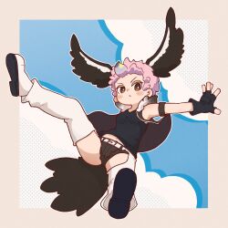 Rule 34 | 1girl, belt, bird girl, bird tail, bird wings, blue sky, boots, brown eyes, feathered wings, fingerless gloves, gloves, head wings, highres, jacket, kemono friends, lappet-faced vulture (kemono friends), looking at viewer, pink hair, shirt, short hair, shorts, simple background, sky, solo, sorairo meronpan, tail, wings