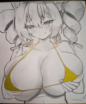 1girl :p absurdres animal_ears areola_slip bikini blush breasts cleavage closed_mouth commentary_request dated drill_hair gold_bikini grabbing_own_breast hair_between_eyes highres huge_breasts looking_at_viewer nuekane signature simple_background smile solo swimsuit tongue tongue_out touhou traditional_media twin_drills upper_body yorigami_jo&#039;on