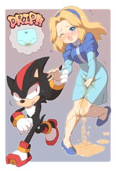 1boy 1girl animal_nose between_legs black_fur blonde_hair blue_eyes blue_hairband blue_panties blue_shirt blue_shoes blue_skirt blush body_fur border bow bow_panties commentary commission constricted_pupils ecstasy_mamo embarrassed english_commentary full_body furry furry_male gloves grey_background hairband hand_between_legs have_to_pee highres knees_together_feet_apart layered_sleeves long_hair long_sleeves maria_robotnik nose_blush one_eye_closed open_mouth outline outside_border panties pee pee_stain peeing peeing_self pixiv_commission puddle puffy_short_sleeves puffy_sleeves red_eyes shadow_the_hedgehog shirt shoes short_sleeves simple_background skirt sonic_(series) speech_bubble spoken_object stained_panties standing underwear wet wet_clothes wet_panties white_border white_gloves white_outline