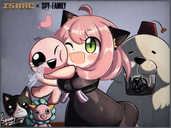 1boy 1girl animal anya_(spy_x_family) artist_request bear black_dress blush dog dress green_eyes heart highres hug isaac_(the_binding_of_isaac) looking_at_viewer non-web_source one_eye_closed pink_hair polar_bear self-upload source_request spy_x_family the_binding_of_isaac