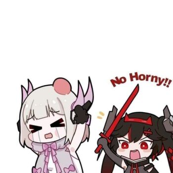 2girls chibi holding holding_weapon liv:_lux_(pgr) liv_(pgr) lucia:_dawn_(pgr) lucia_(pgr) multiple_girls no_horny_(meme) punishing:_gray_raven red_sword weapon