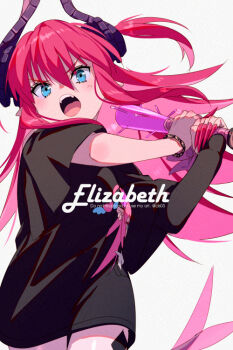 1girl black_shirt blue_eyes blush bracelet breasts character_name curled_horns detached_sleeves dragon_horns dragon_tail echo_(circa) elizabeth_bathory_(fate) elizabeth_bathory_(perfect)_(fate) elizabeth_bathory_(perfect)_(first_ascension)_(fate) fate/grand_order fate_(series) hair_ribbon horns jewelry long_hair looking_at_viewer open_mouth pink_hair pointy_ears ribbon shirt short_sleeves single_detached_sleeve small_breasts solo spiked_bat tail two_side_up