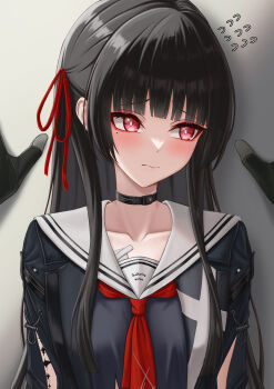 1boy 1girl absurdres arm_cutout averting_eyes black_choker black_gloves black_hair black_jacket black_shirt blush breasts chisa_(wuthering_waves) choker closed_mouth clothing_cutout collarbone commentary commonalty embarrassed flying_sweatdrops gloves hair_ribbon highres jacket kabedon long_hair long_sleeves looking_at_viewer male_rover_(wuthering_waves) medium_breasts mole mole_under_eye neckerchief pov pov_hands red_eyes red_neckerchief red_ribbon ribbon rover_(wuthering_waves) sailor_collar shirt solo_focus tacet_mark_(wuthering_waves) upper_body white_sailor_collar wuthering_waves