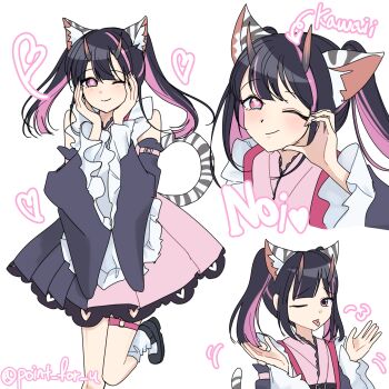 1boy ;p animal_ear_fluff animal_ears arrow_(symbol) black_hair black_shoes blunt_bangs character_name cho_kaguya-hime! commentary_request crossdressing crossdressing_(mtf) frilled_kimono frilled_sleeves frills half-heart_hands hands_on_own_cheeks hands_on_own_face hands_up heart highres horns japanese_clothes kimono komazawa_noi long_hair long_sleeves looking_at_viewer male_focus multicolored_hair multiple_views one_eye_closed pink_eyes pink_kimono point_for_u shoes smile socks standing standing_on_one_leg streaked_hair tail tiger_ears tiger_tail tongue tongue_out trap twintails white_background white_socks