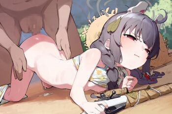 1boy 1girl ahoge all_fours bikini bikini_bottom_pull bikini_top_lift black_hair blue_archive bolt_action braid breasts breasts_out censored clothed_female_nude_male clothed_sex clothes_lift cum cumdrip dark-skinned_male dark_skin doggystyle goe_(g-o-e) grey_halo gun hair_over_shoulder half-closed_eyes halo hands_on_another&#039;s_hips hat headset hetero highres holding holding_gun holding_weapon leaf leaf_on_head leaf_print light_blush loli long_hair miyu_(blue_archive) miyu_(swimsuit)_(blue_archive) mosaic_censoring mosin-nagant nude official_alternate_costume official_alternate_hairstyle on_ground parted_lips penis print_bikini red_eyes rifle sex sex_from_behind sniper_rifle solo_focus straw_hat swimsuit top-down_bottom-up twin_braids vaginal weapon white_bikini