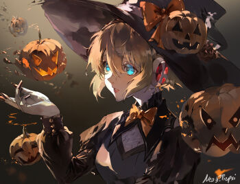 1girl aigis_(persona) android artist_name black_hat black_shrug blonde_hair blue_eyes bow brown_background commentary english_commentary gradient_background grey_vest hair_between_eyes halloween halloween_costume hand_up hat hat_bow highres jack-o&#039;-lantern jack-o&#039;-lantern_hat_ornament large_hat looking_at_object neo_(blazykun) orange_bow parted_lips persona persona_3 portrait robot_ears shirt short_hair shrug_(clothing) solo vest white_shirt witch_hat