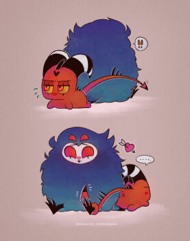 2boys bird bird_boy blitzo_(helluva_boss) colored_skin demon_boy demon_horns demon_tail extra_eyes grey_feathers hellaverse helluva_boss highres horns multiple_boys owl owl_boy red_eyes red_skin rzps3455 sitting stolas_(helluva_boss) tail